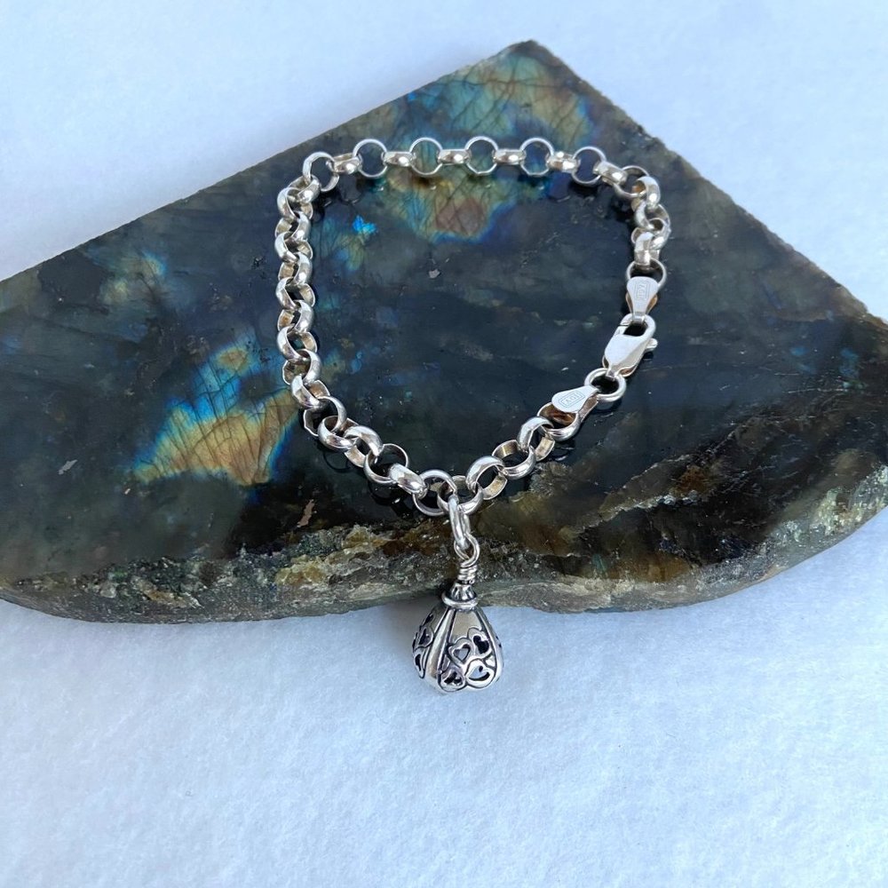 Sterling Silver 925 AGI Italy 6MM Rolo Link Bell Charm Bracelet Size 8" 13.5g - Picture 13 of 17